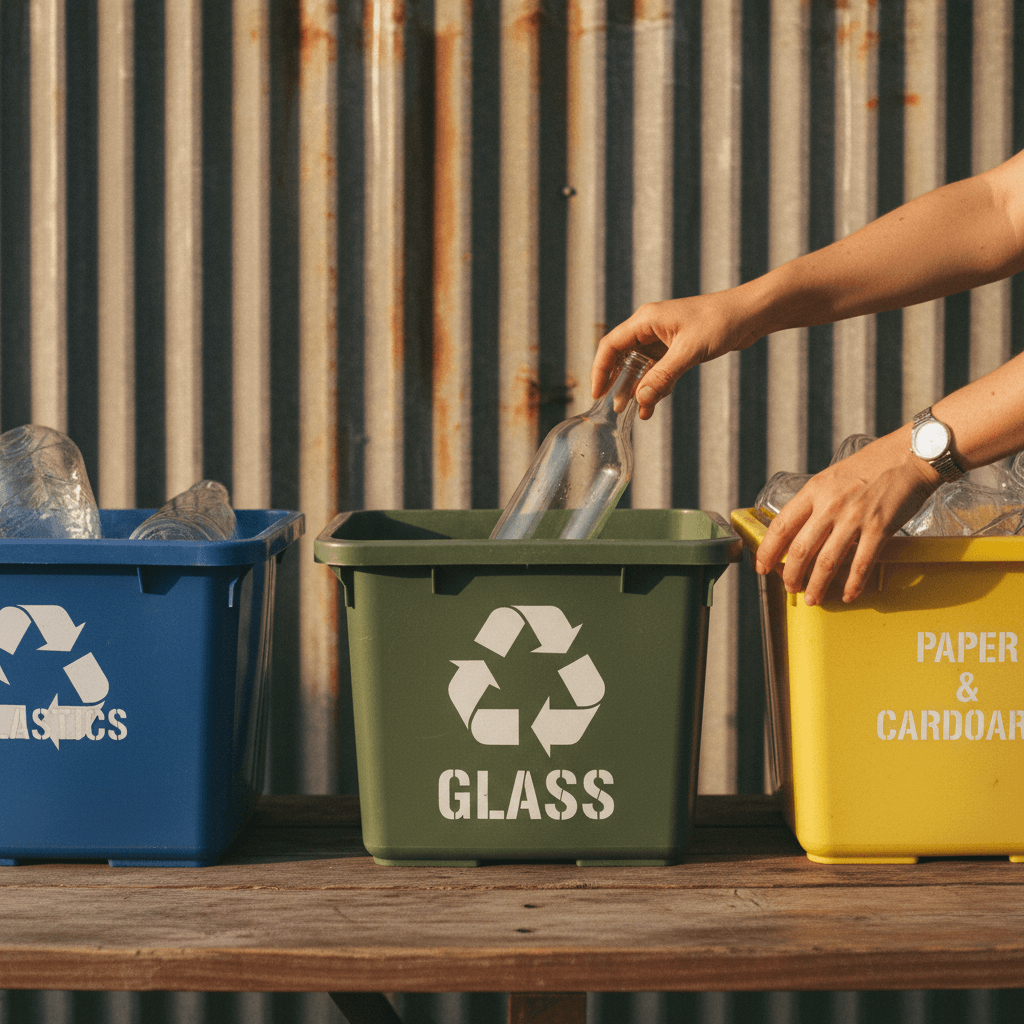 Hands sorting recyclable glass and plastic into separate bins at a collection point