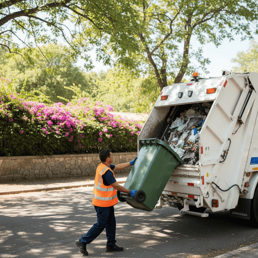 Worker loading a garbage collection truck on a residential street in Malindi