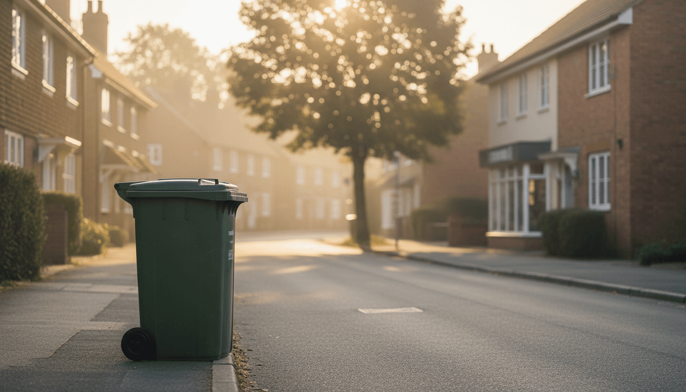 A clean residential street in Malindi at dawn with a green waste bin at the curb