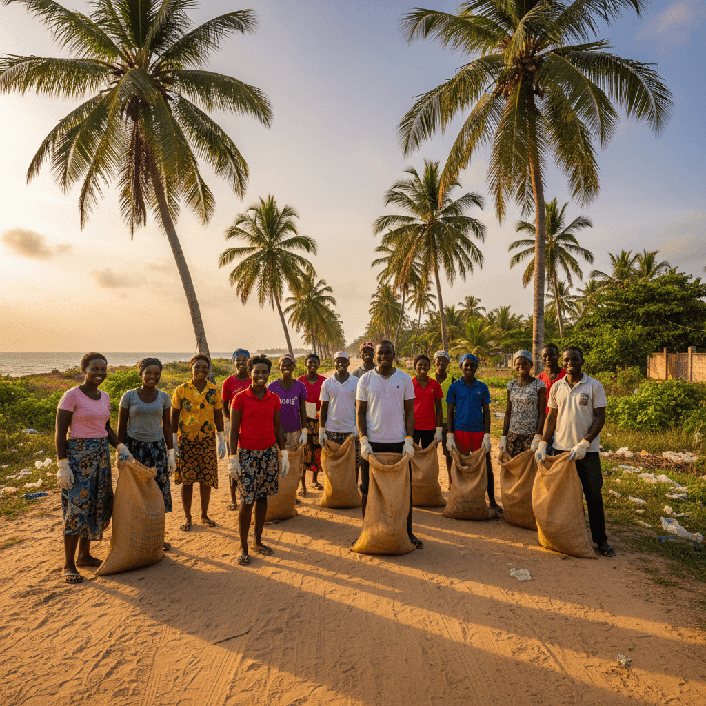 Residents participating in a community clean-up event along a road in Malindi