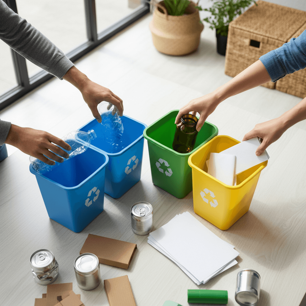 Hand sorting general waste and recyclables into separate piles